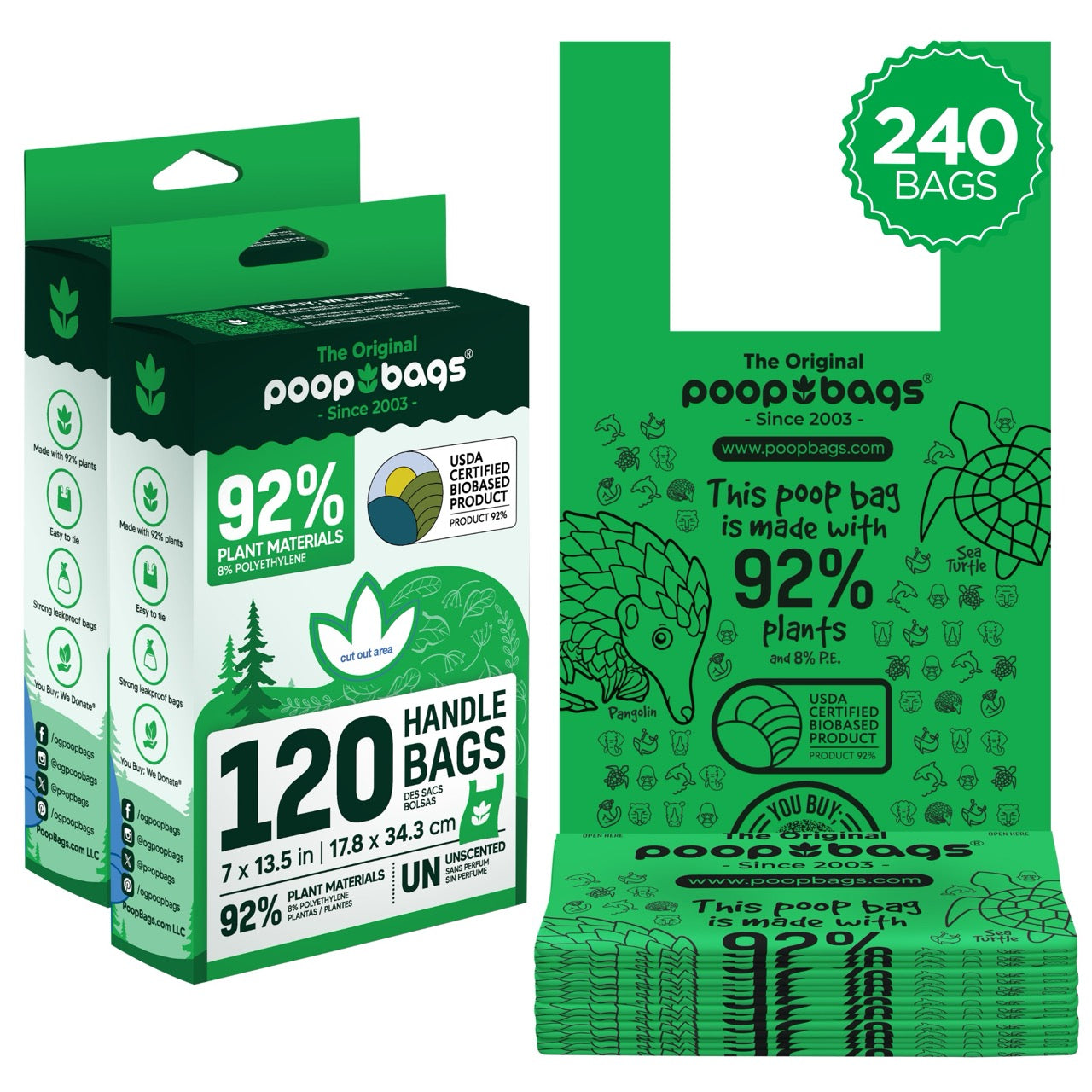Handle Tie Dog Poop Bags — 92% Plant-Based, USDA Certified Biobased (120, 240 or 360 Count)