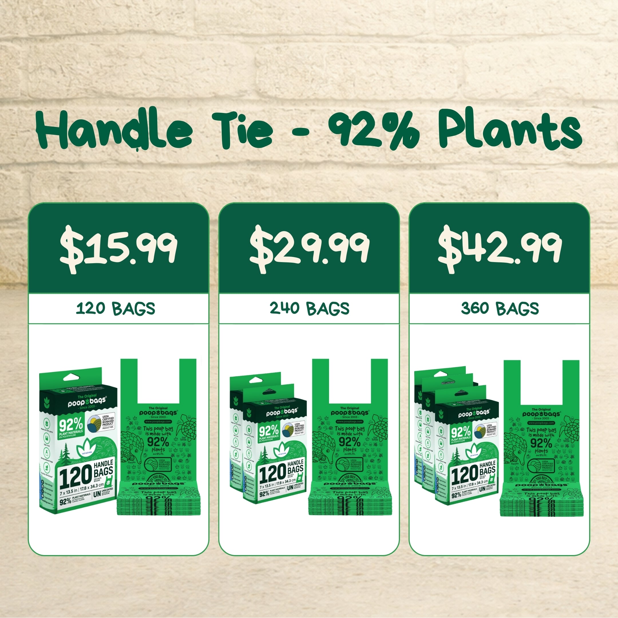 Handle Tie Dog Poop Bags — 92% Plant-Based, USDA Certified Biobased (120, 240 or 360 Count)
