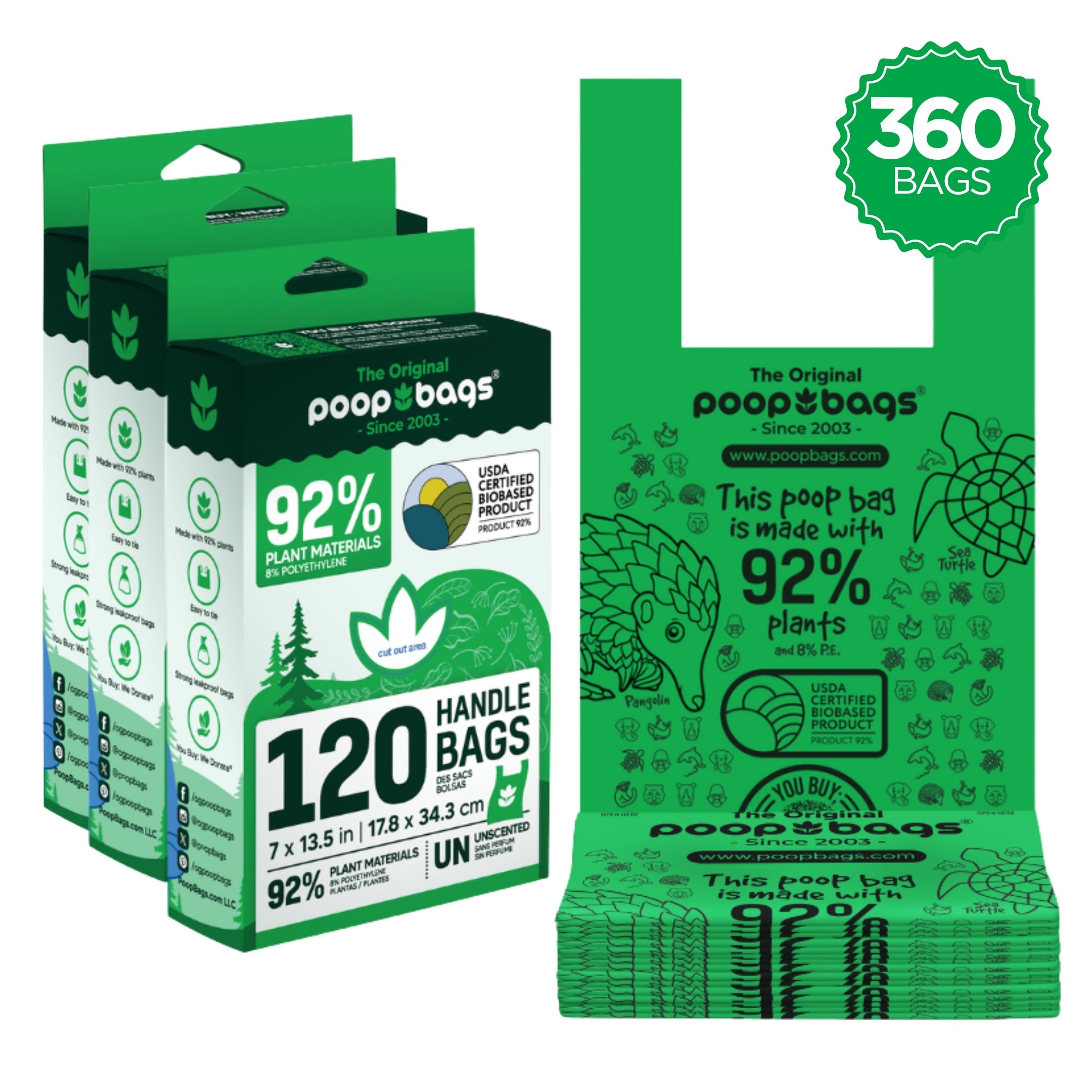 Handle Tie Dog Poop Bags — 92% Plant-Based, USDA Certified Biobased (120, 240 or 360 Count)